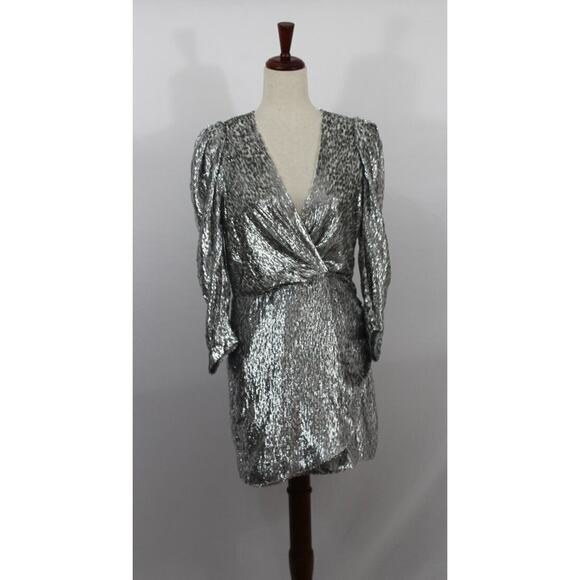 BA & SH Sz 2 M 6 Divina Robe Mini Dress Faux Wrap Silver NWT Silk Blend - Picture 8 of 10